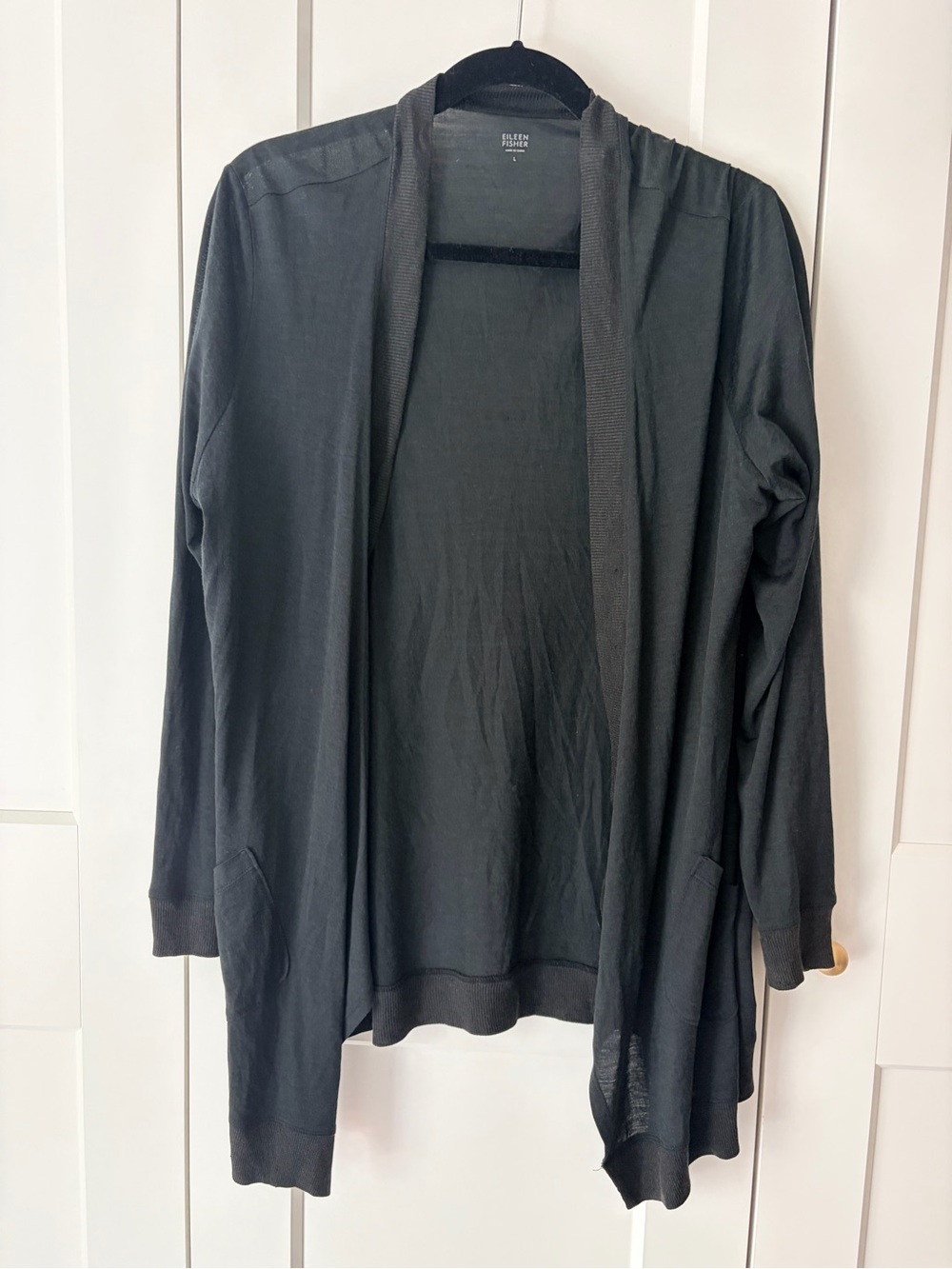 Eileen Fisher Black Silk Cotton Blend Open-Front Draped Cardigan | L